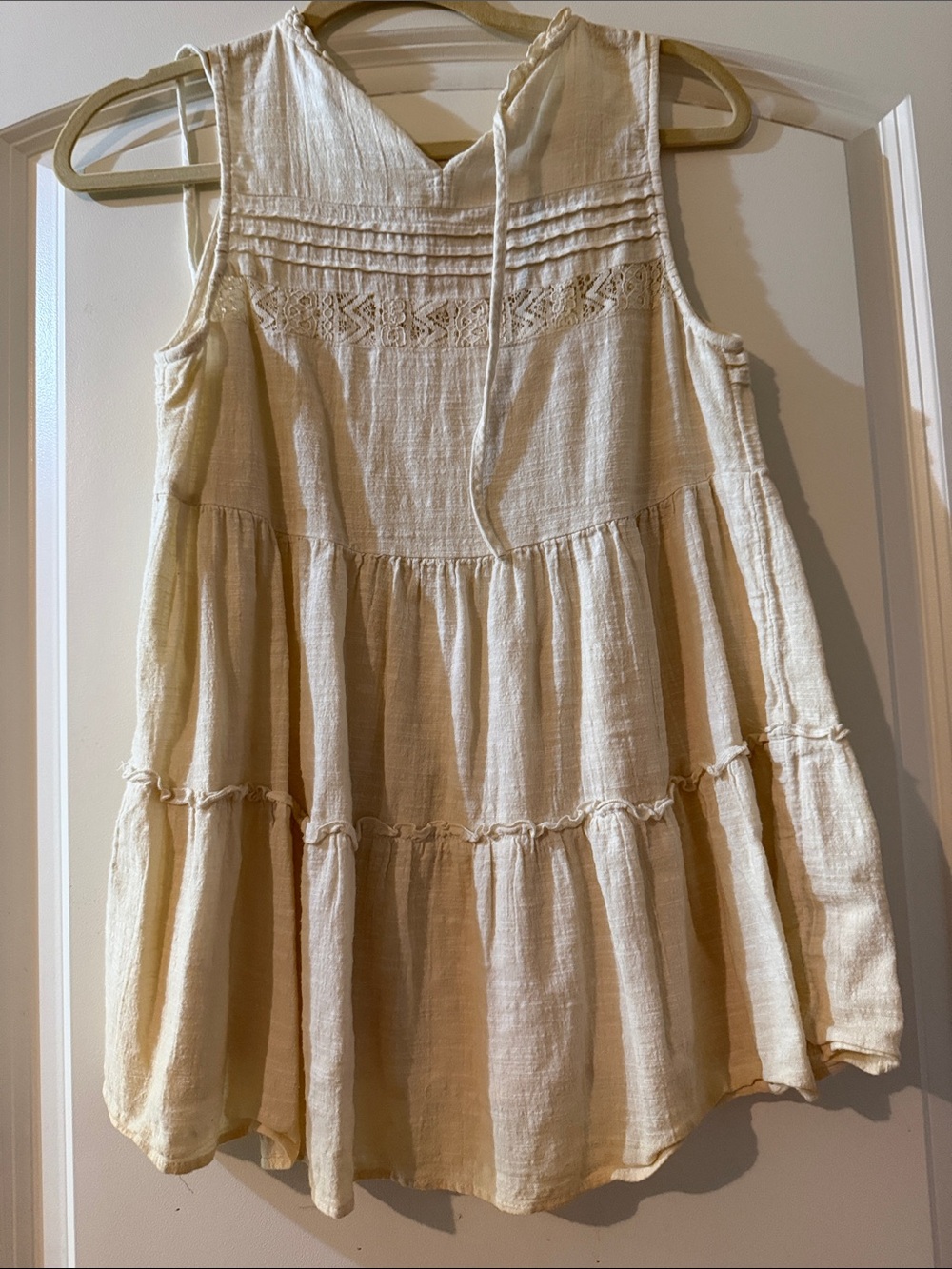 Cream Sleeveless Tiered Boho Blouse with Pintuck and Lace Detail